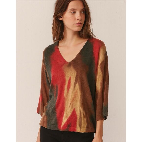 B.YU TOP TIE DYE COTTON BLD V NECK 3/4 SLEEVE BOHEMIAN HIPPIE FESTIVAL CASUAL L - Picture 1 of 10